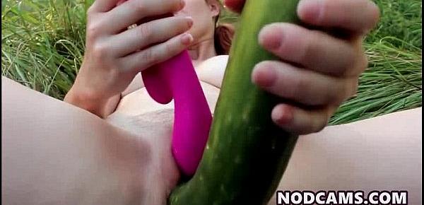  Outdoor masturbation with huge cucumber